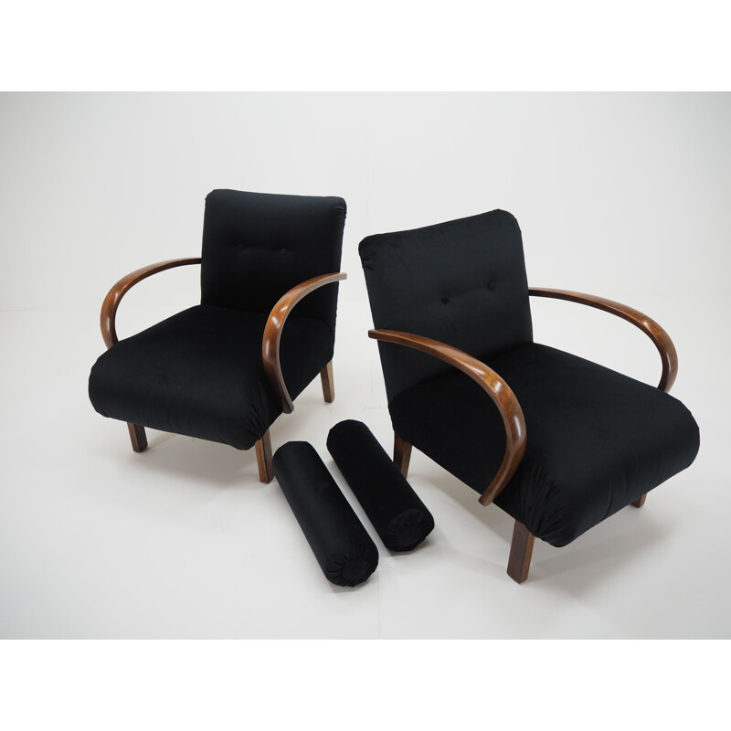 Pair of vintage wood and fabric armchairs by Jindřich Halabala, Czechoslovakia 1940