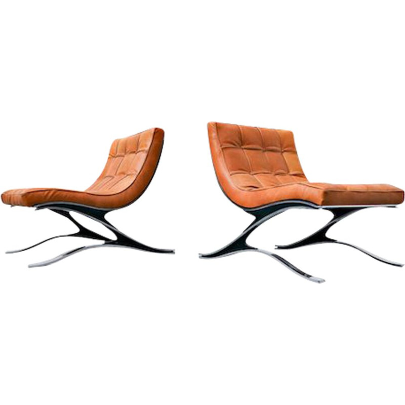 Pair of vintage pizzetti armchairs in steel and leather, Italy 1970