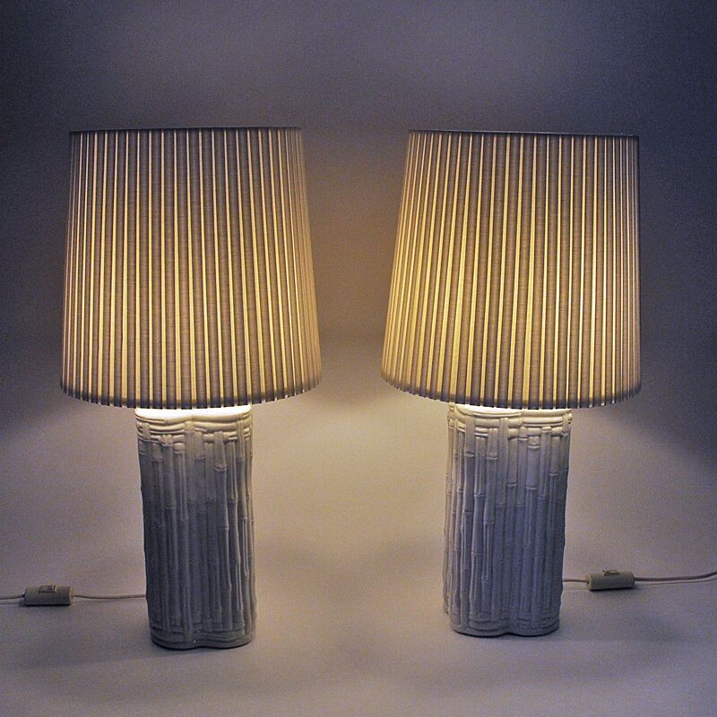 Pair of vintage great beige ceramic tablelamps, Italian 1980s