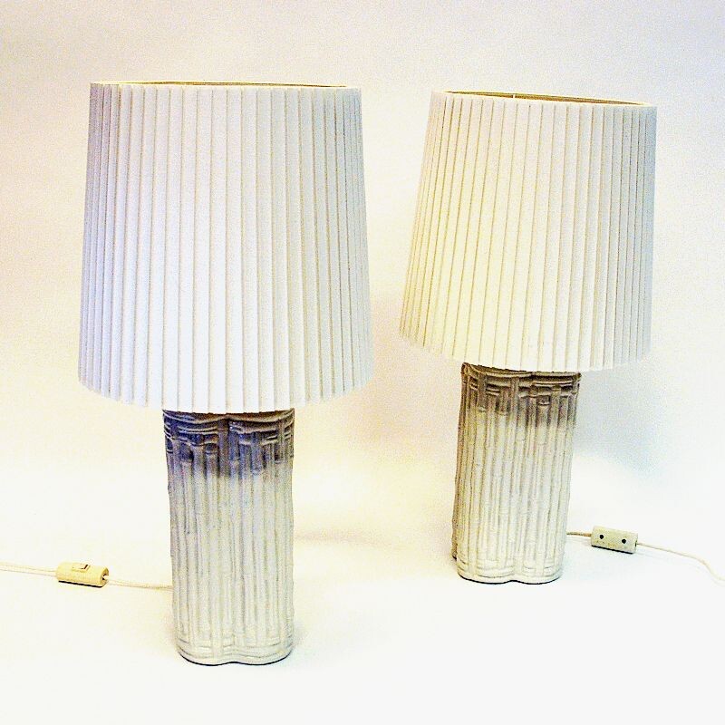 Paire de grandes lampes de table vintage en céramique beige, italiennes 1980