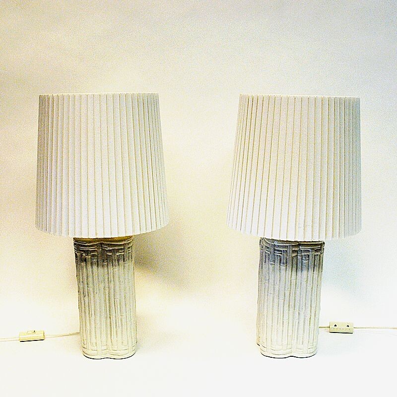 Paire de grandes lampes de table vintage en céramique beige, italiennes 1980