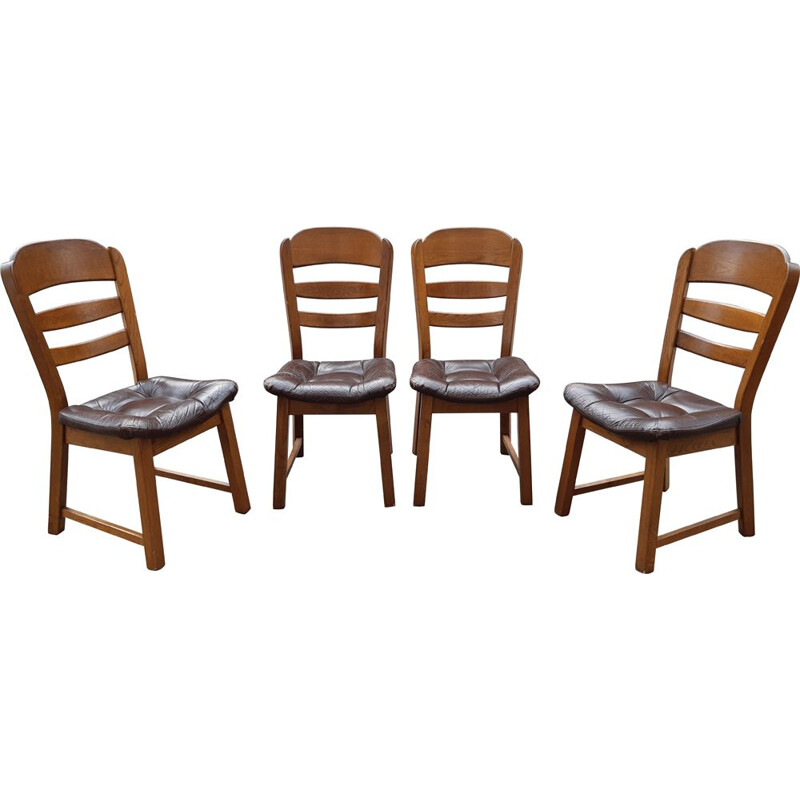 Set of 4 vintage brutalist oak and leather chairs