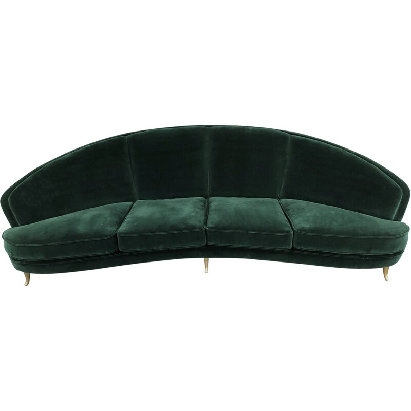 Vintage Gio Ponti green velvet curved sofa for Isa Bergamo, Italian 1950s