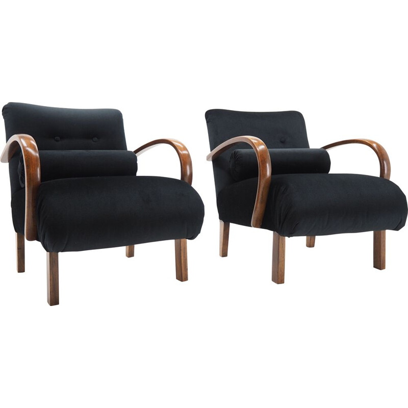 Pair of vintage wood and fabric armchairs by Jindřich Halabala, Czechoslovakia 1940