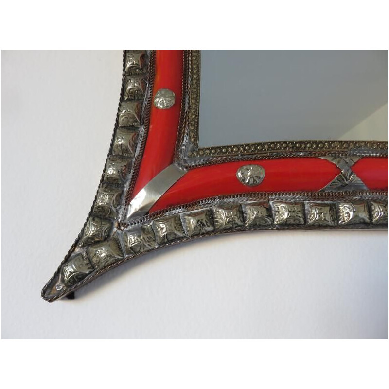 Vintage oriental wall mirror, metal and inlays, 1970