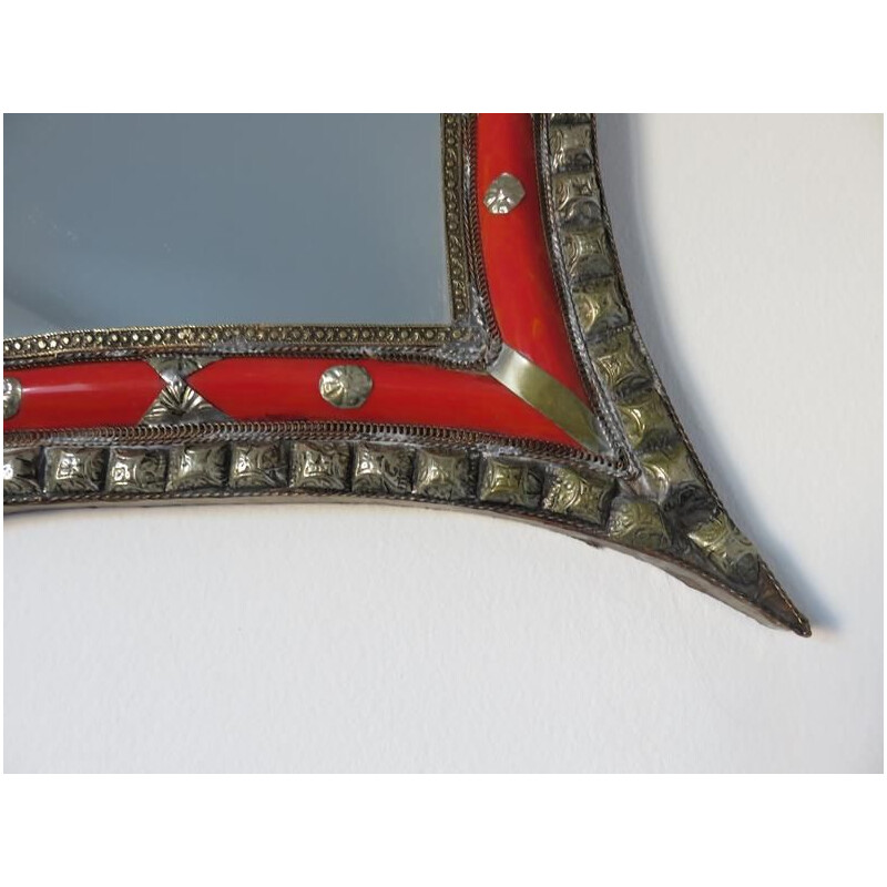 Vintage oriental wall mirror, metal and inlays, 1970