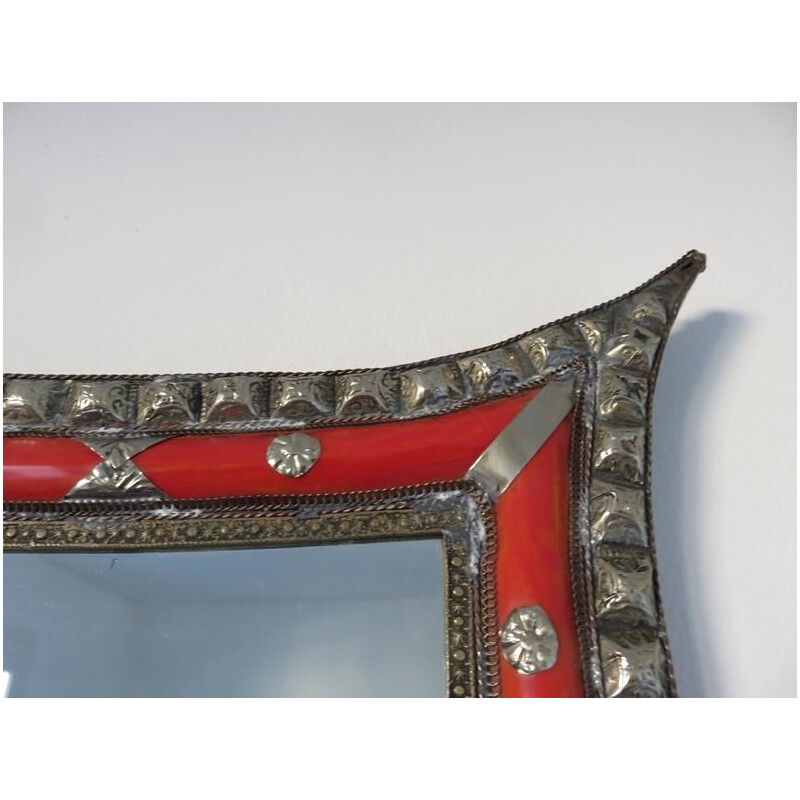 Vintage oriental wall mirror, metal and inlays, 1970