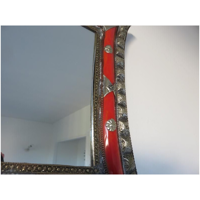 Vintage oriental wall mirror, metal and inlays, 1970