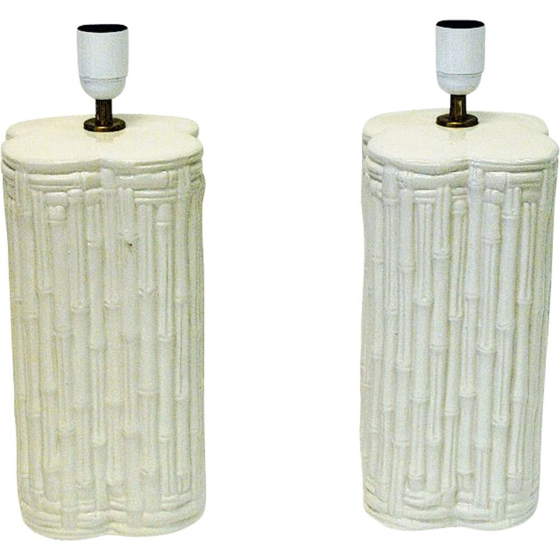 Pair of vintage great beige ceramic tablelamps, Italian 1980s