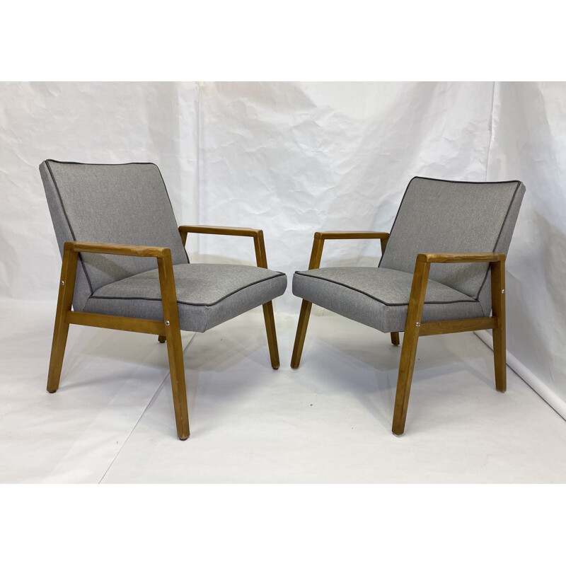 Paire de fauteuils vintage en tissu gris clair gansé, Scandinaves 1980