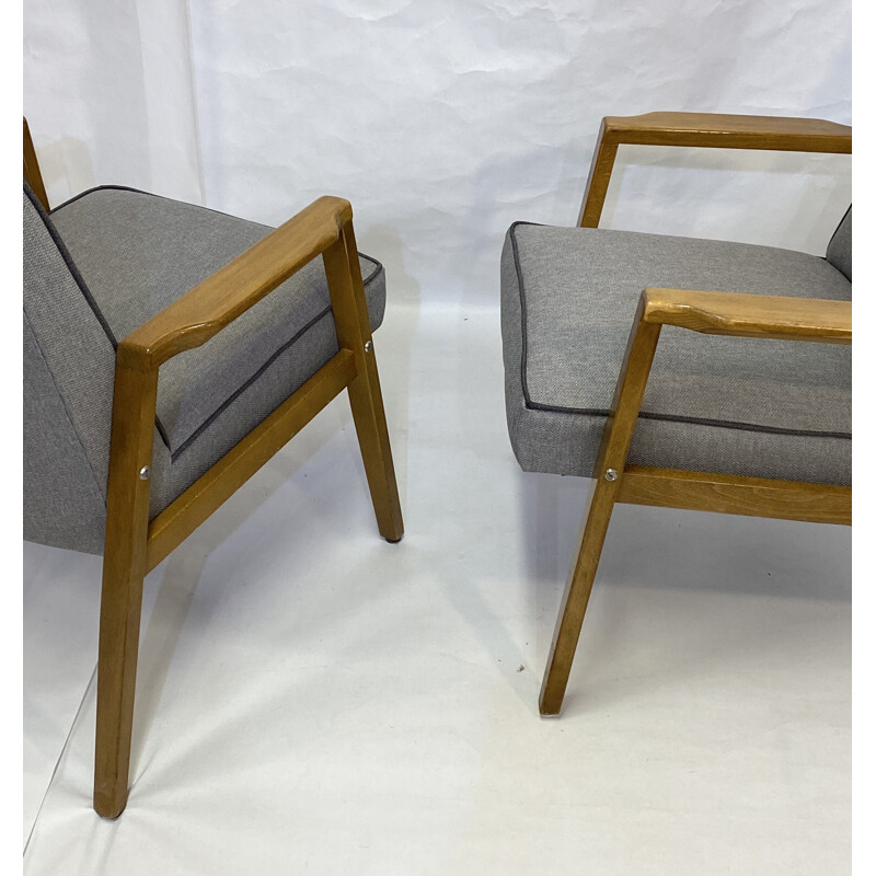 Paire de fauteuils vintage en tissu gris clair gansé, Scandinaves 1980