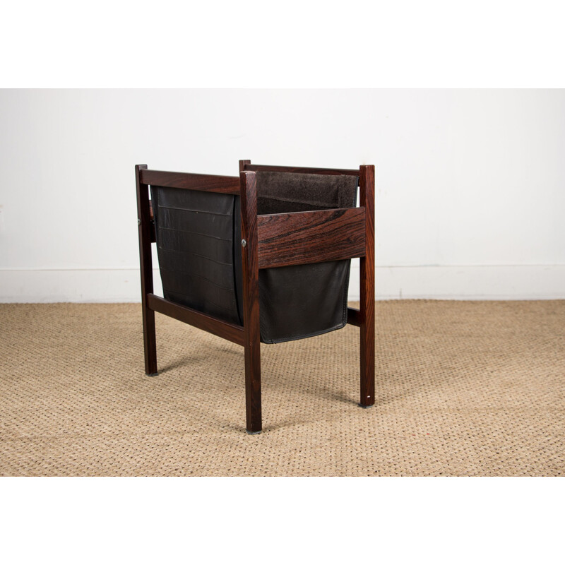 Vintage magazine rack in Rio rosewood and leather, Danish 1960s