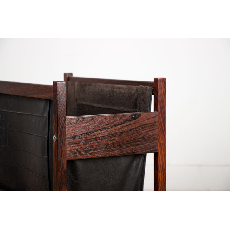 Vintage magazine rack in Rio rosewood and leather, Danish 1960s