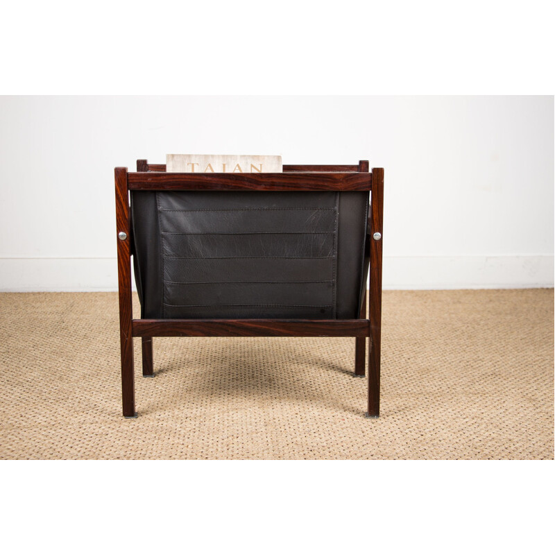 Vintage magazine rack in Rio rosewood and leather, Danish 1960s