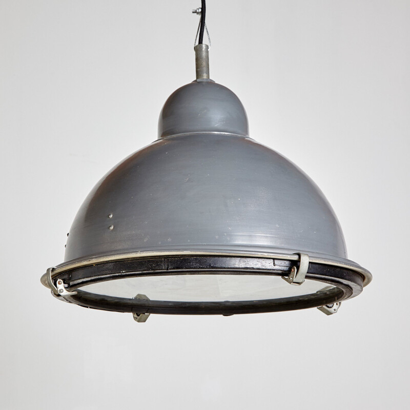 Vintage Grey Industrial Hemispheric Pendant Lamp 1970s