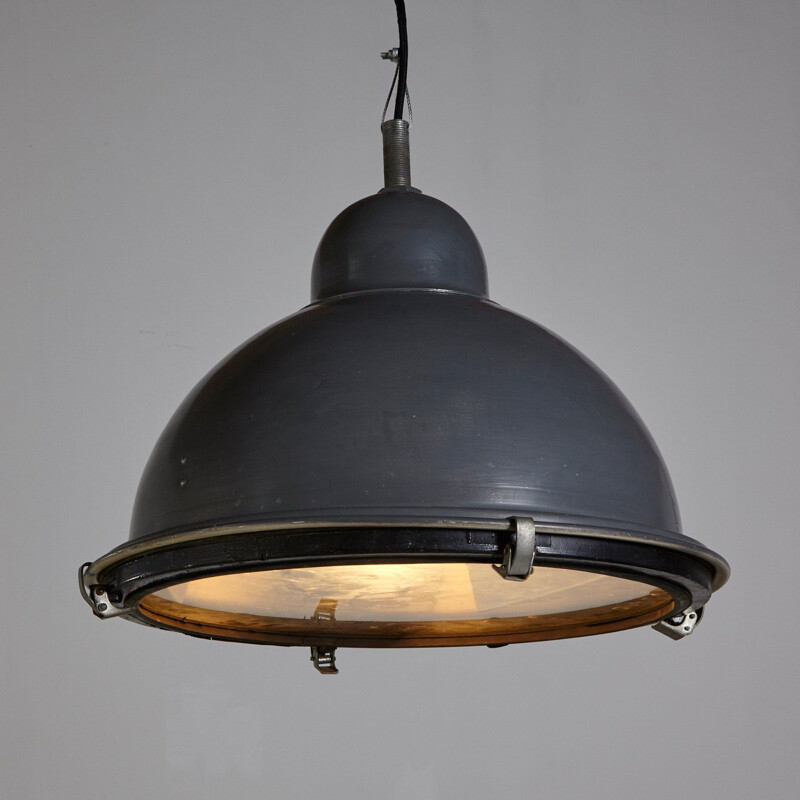 Vintage Grey Industrial Hemispheric Pendant Lamp 1970s