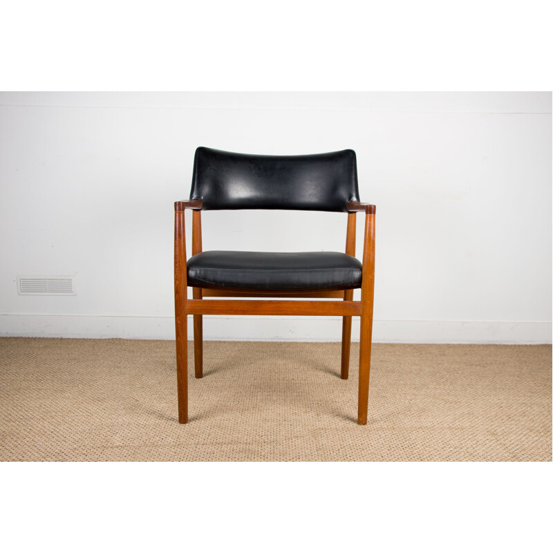 Vintage teak and black skai office chair model 43 by Erik Kirkegaard for Hong Stolfabrik, Danish 1960s