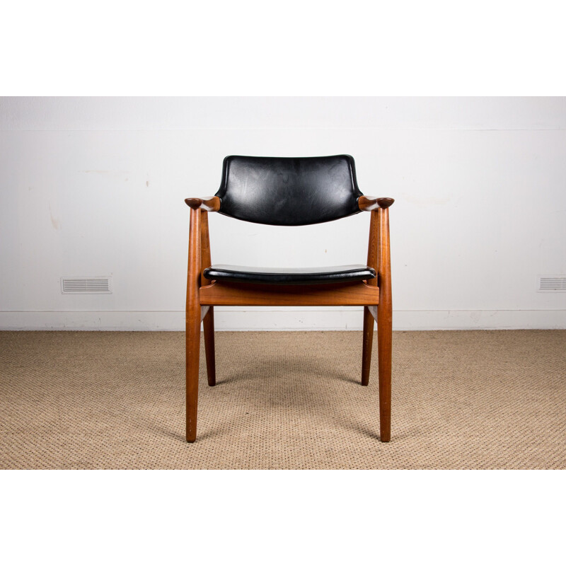 Vintage teak and black skai office chair model 43 by Erik Kirkegaard for Hong Stolfabrik, Danish 1960s