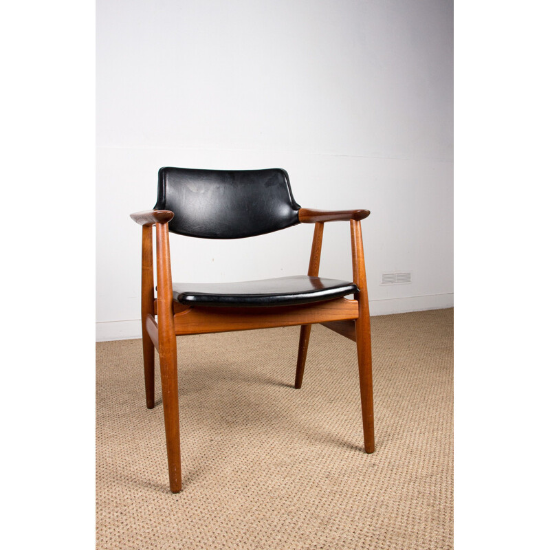 Vintage teak and black skai office chair model 43 by Erik Kirkegaard for Hong Stolfabrik, Danish 1960s