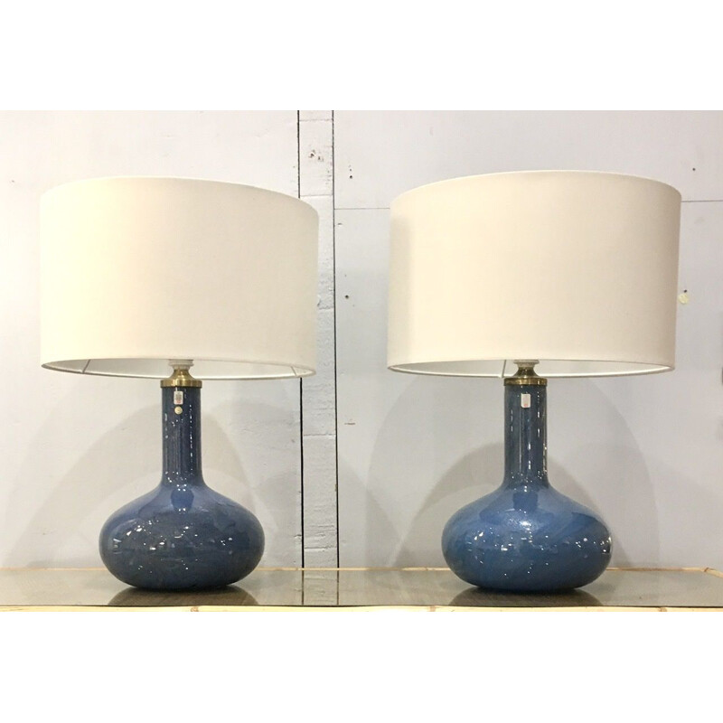Pair of vintage Holmegaard Troll 2 lamps in iridescent blue glass by Sidse Werner, Denmark 1980s
