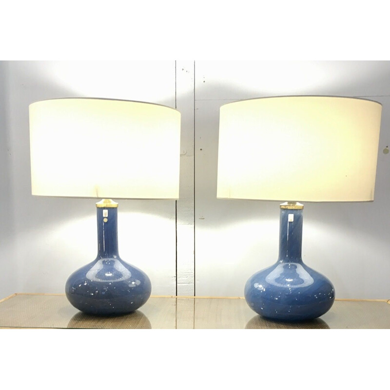 Pair of vintage Holmegaard Troll 2 lamps in iridescent blue glass by Sidse Werner, Denmark 1980s