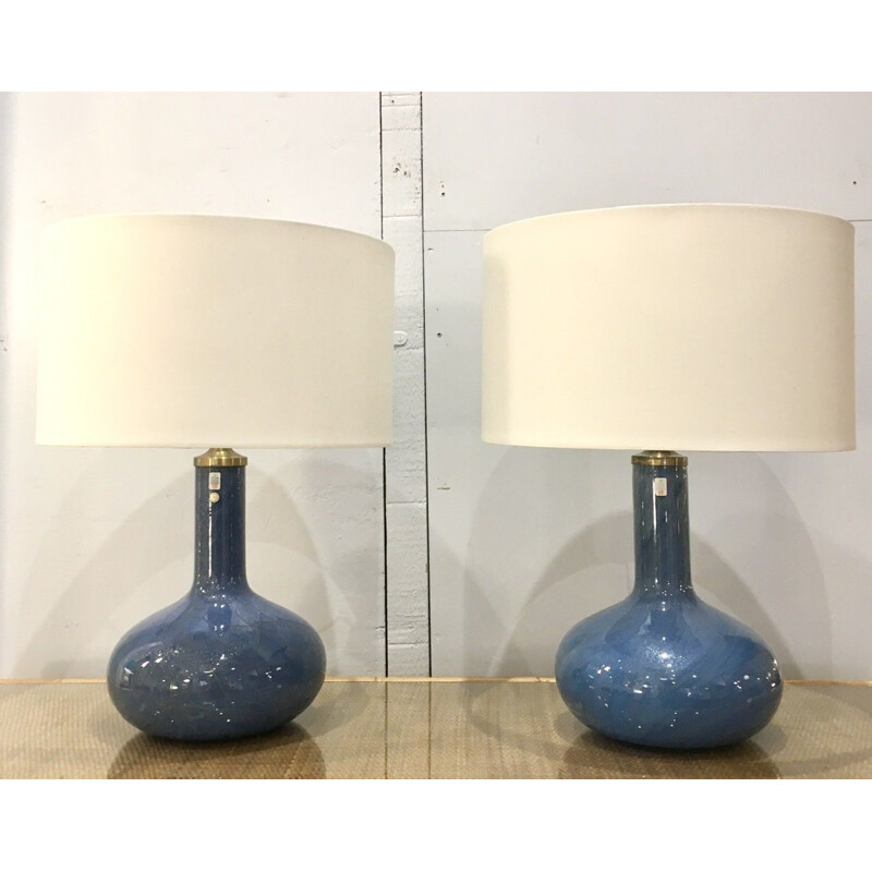 Pair of vintage Holmegaard Troll 2 lamps in iridescent blue glass by Sidse Werner, Denmark 1980s