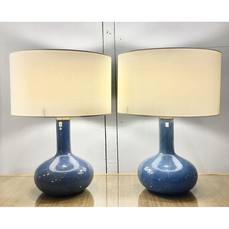 Pair of vintage Holmegaard Troll 2 lamps in iridescent blue glass by Sidse Werner, Denmark 1980s