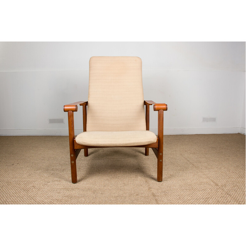 Grande poltrona vintage in teak, pelle e tessuto d'ottone, collezione privata di Jules Leleu, Danimarca 1950