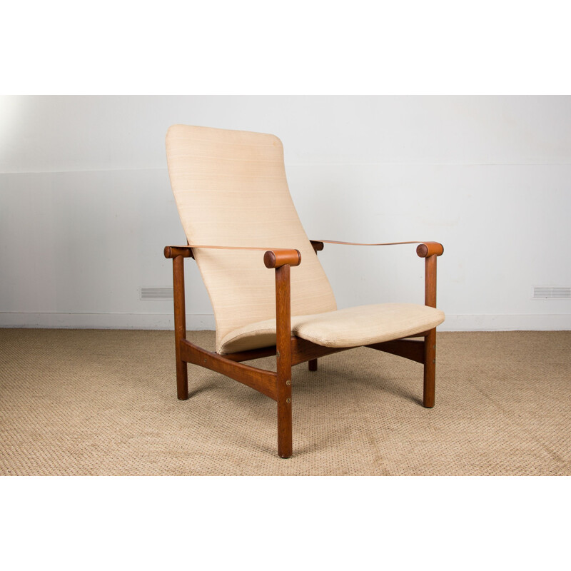 Large vintage lounge armchair in teak, leather and brass fabric, private collection of Jules Leleu, Danish 1950s