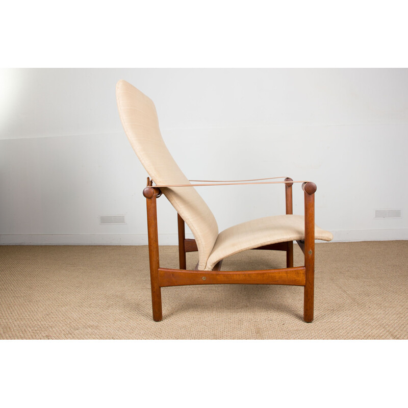 Gran sillón vintage de teca, cuero y tela de latón, colección privada de Jules Leleu, Dinamarca 1950