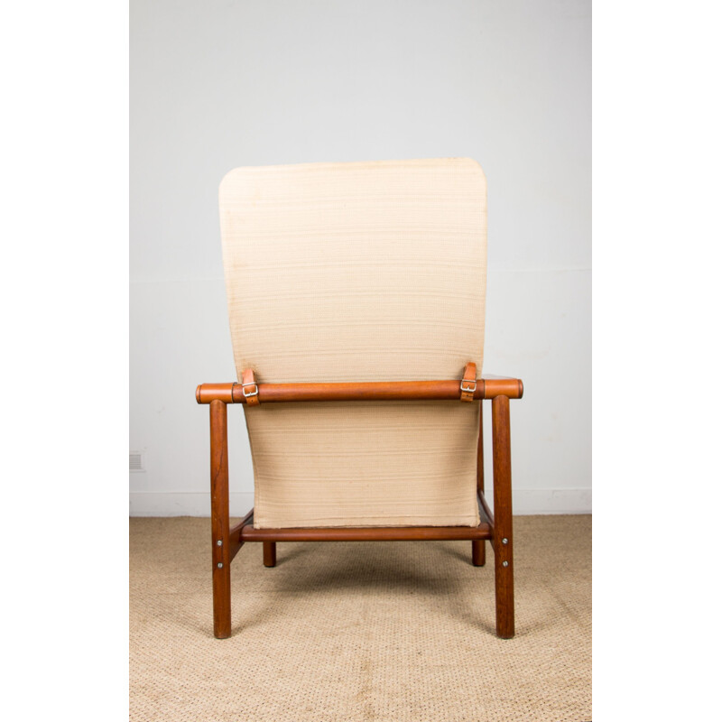 Large vintage lounge armchair in teak, leather and brass fabric, private collection of Jules Leleu, Danish 1950s
