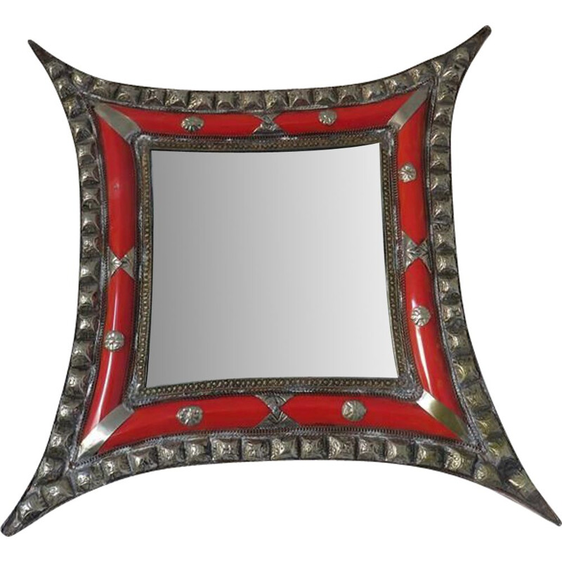 Vintage oriental wall mirror, metal and inlays, 1970