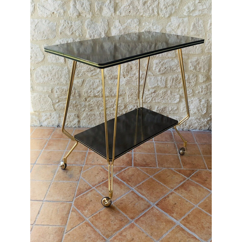 Table d'appoint vintage meuble télé sur roulettes en formica et laiton 1960