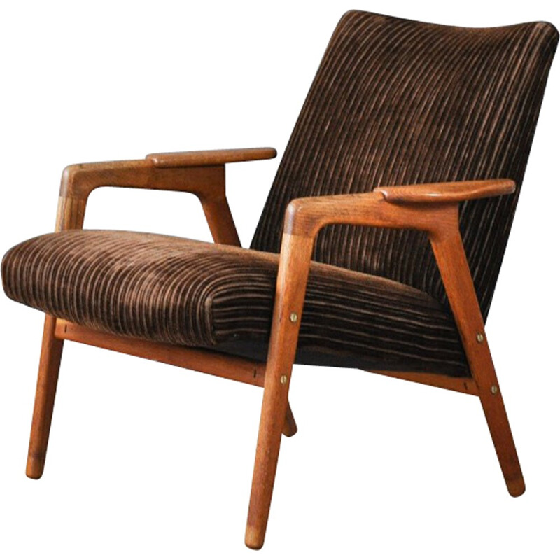 Swedish "Ruster" armchair in oakwood and dark brown fabric, Yngve EKSTRÖM - 1960s