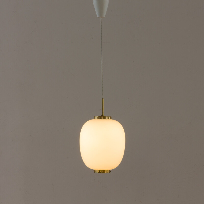 Vintage opaline glass & brass China pendant by Bent Karlby for Lyfa, Danish 1960s