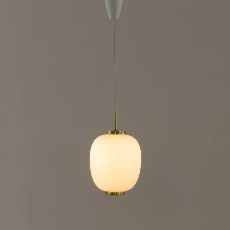 Vintage opaline glass & brass China pendant by Bent Karlby for Lyfa, Danish 1960s