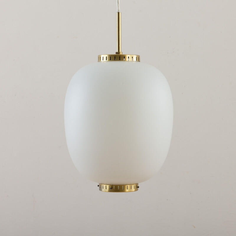 Vintage opaline glass & brass China pendant by Bent Karlby for Lyfa, Danish 1960s