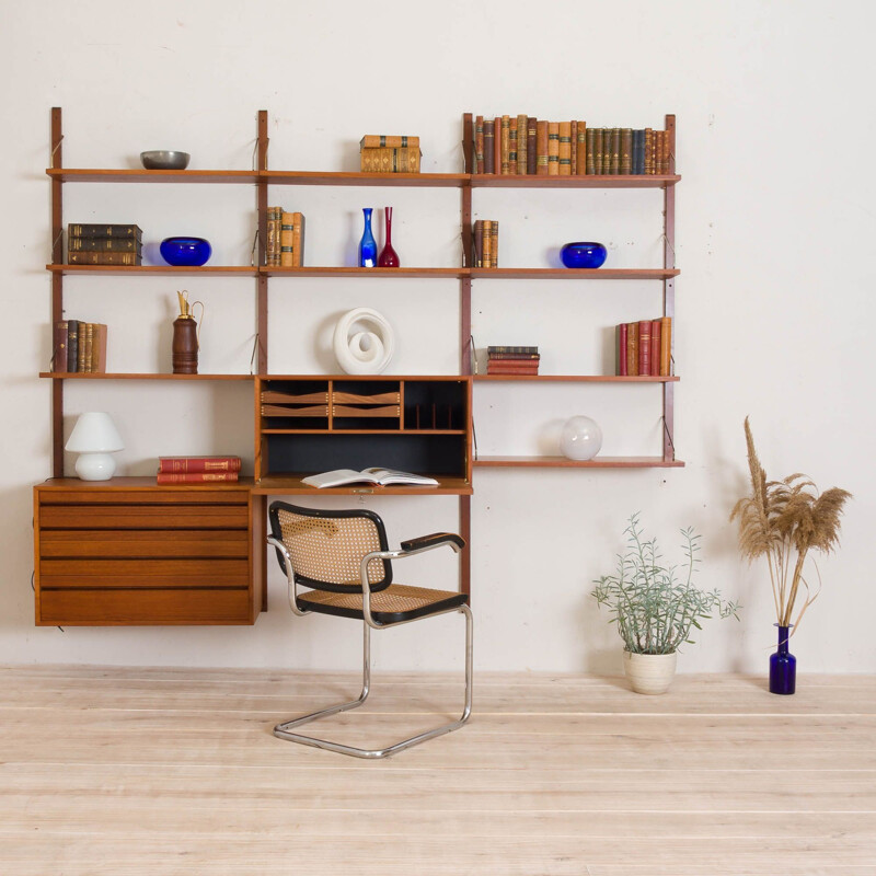 Unité murale vintage Poul Cadovius en teck Royal avec une armoire de bureau et des tiroirs et 9 étagères, Danemark 1960