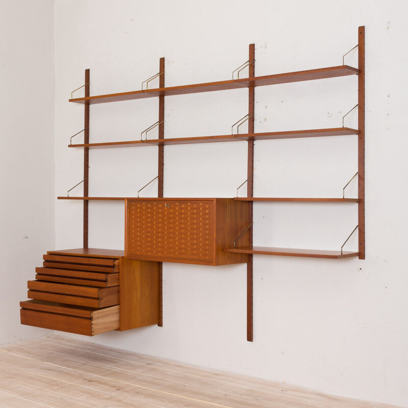 Vintage Poul Cadovius teak Royal wall unit with a desk cabinet and drawers and 9 shelves, Denmark 1960s