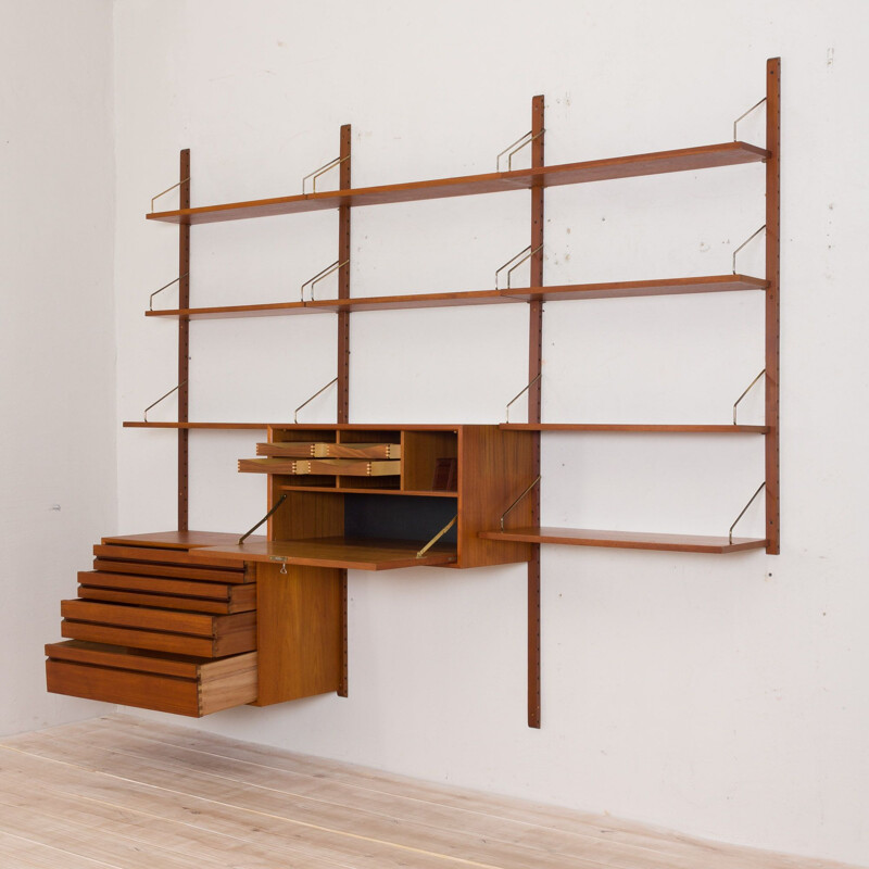 Vintage Poul Cadovius teak Royal wall unit with a desk cabinet and drawers and 9 shelves, Denmark 1960s