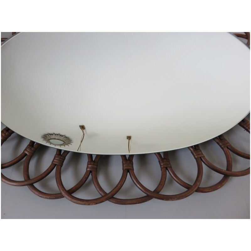 Vintage mirror oval flower in rattan 1960s