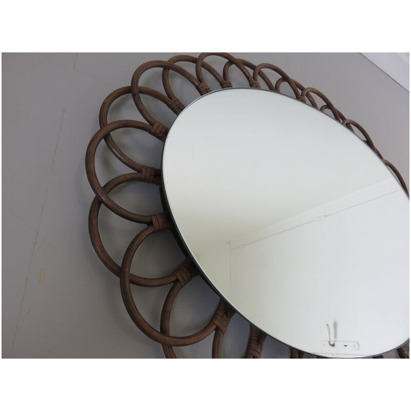 Vintage mirror oval flower in rattan 1960s