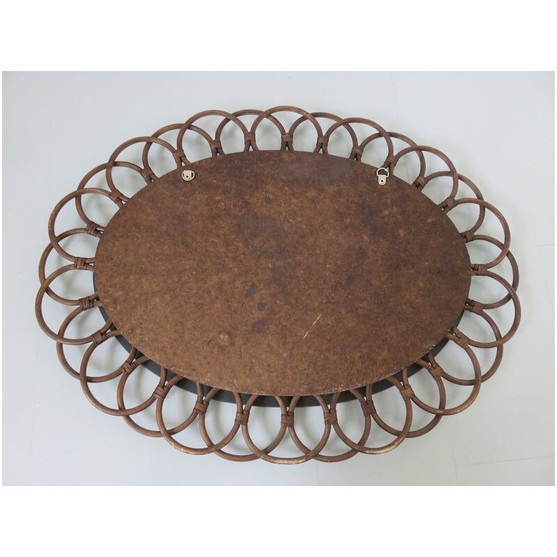 Vintage mirror oval flower in rattan 1960s