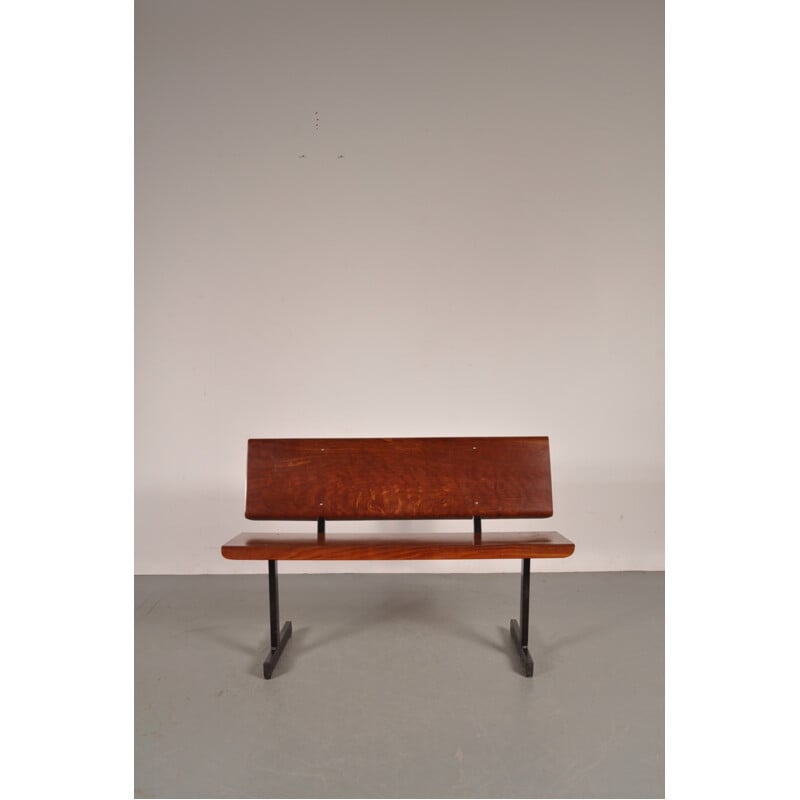 Dutch industrial Galvanitas bench in pagholz and metal - 1970s