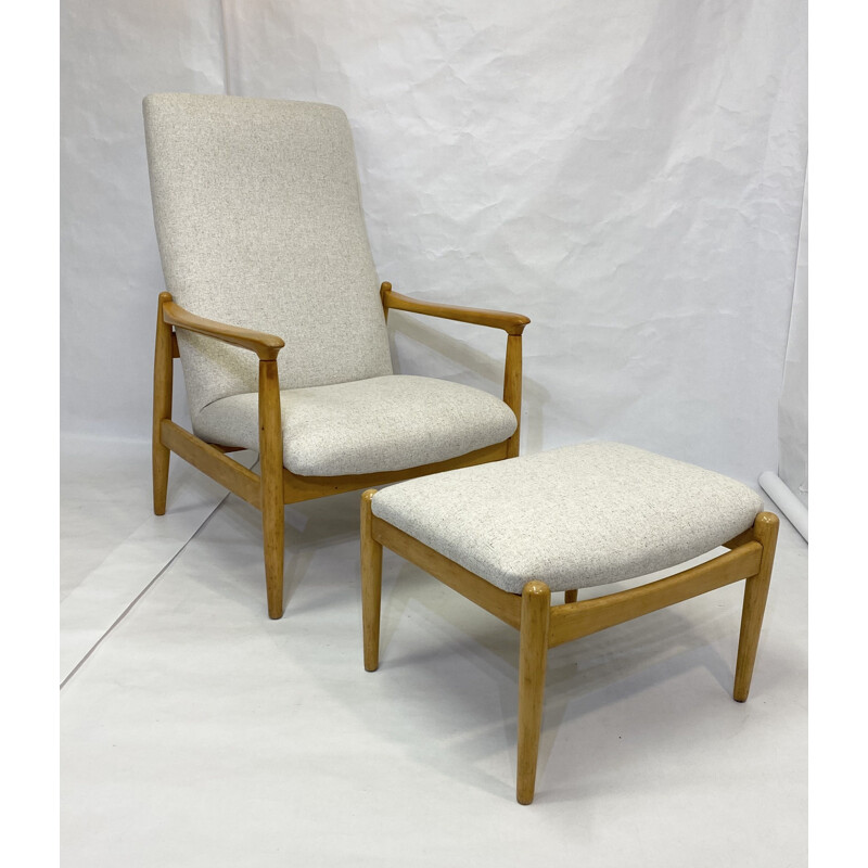 Vintage high back armchair with beige fabric ottoman Edmund Homa 1970