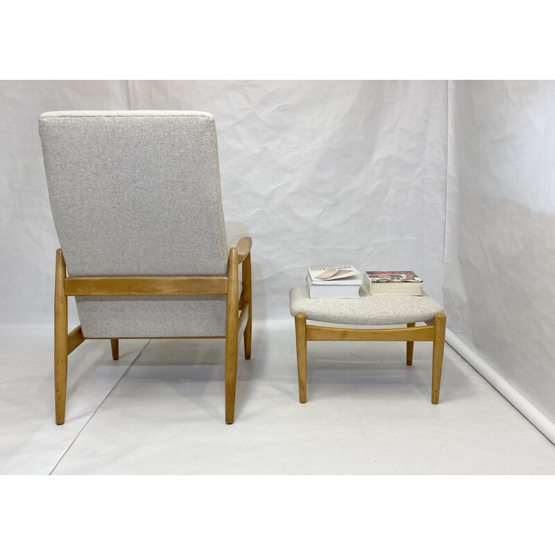 Vintage high back armchair with beige fabric ottoman Edmund Homa 1970