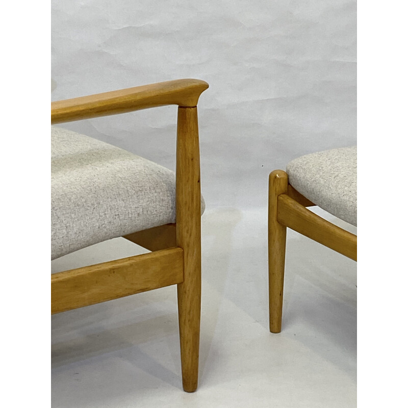 Vintage high back armchair with beige fabric ottoman Edmund Homa 1970