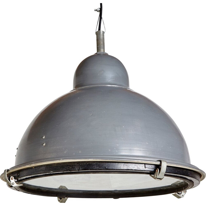 Vintage Grey Industrial Hemispheric Pendant Lamp 1970s