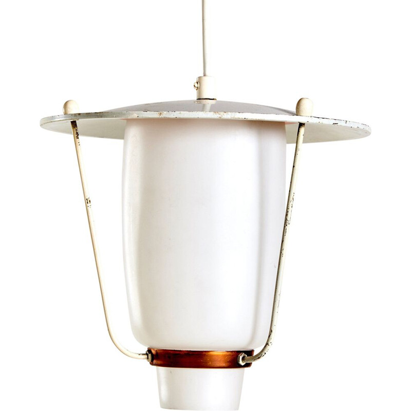 Suspension vintage en cuivre et verre Dépoli 1970