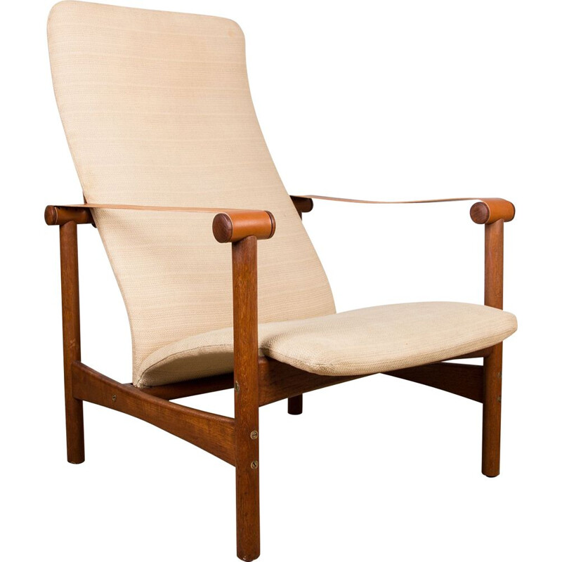 Grand fauteuil Lounge vintage en teck tissu cuir et laiton collection privée de Jules Leleu, danois 1950